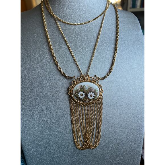 MCM gold tone multi tier chain tassel necklace painted cabochon Victorian revivl - Picture 2 of 8